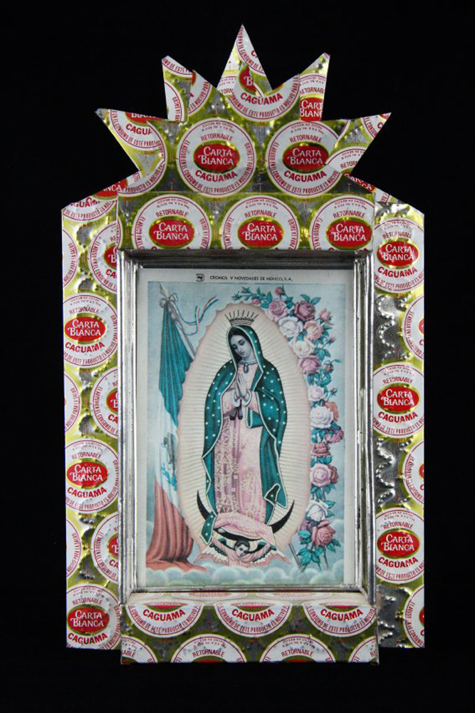 Artist unknown - Carta Blanca Virgin of Guadalupe - metal, glass, paper - Mexican. Gift of Carolyn Warmbold 2017.01.058