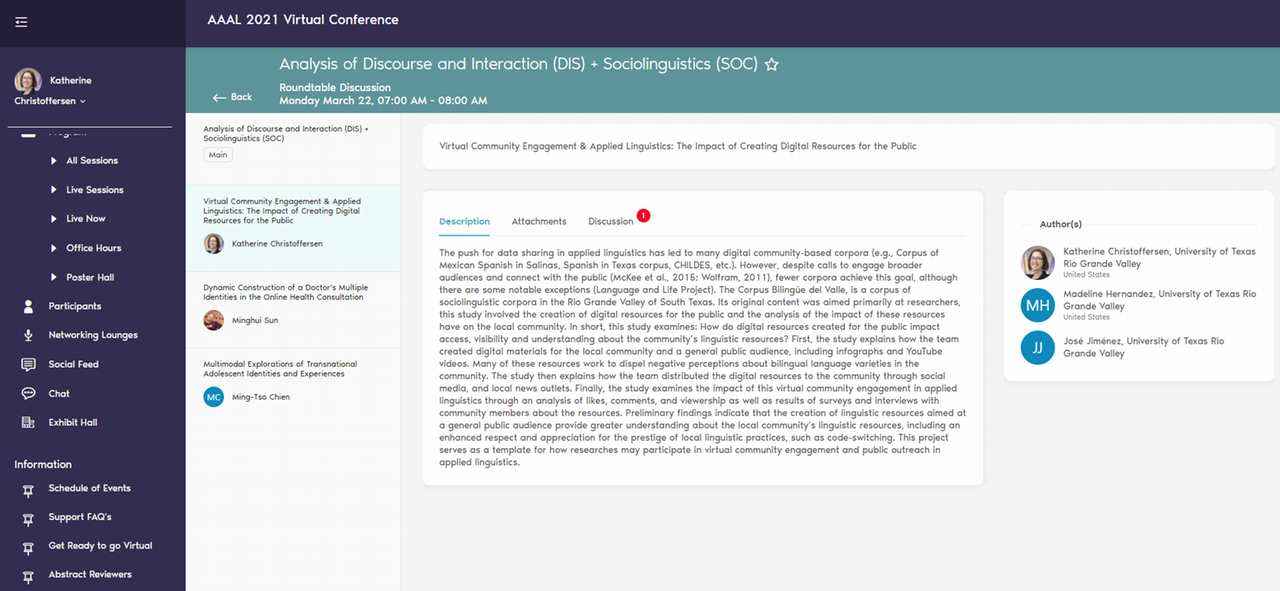 Screenshot of the virtual conference showing information. Full explanation below.