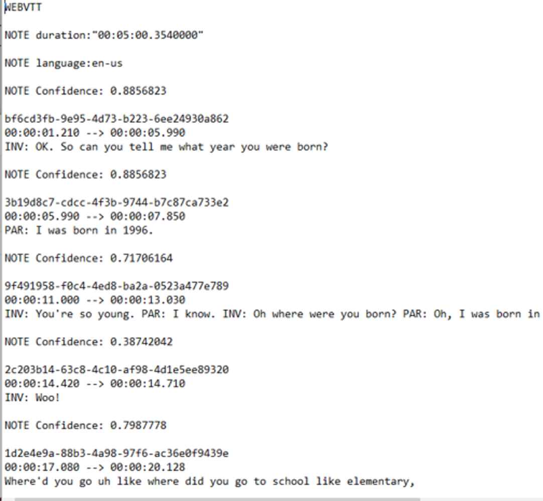 An example of the transcript after it is downloaded, showing the times when a dialogue starts and ends.