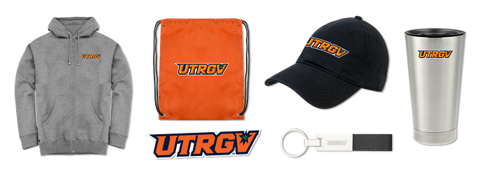 Image of the UTRGV Swag Pack which includes a sweatshirt, baseball cap, tumbler cup, car decal, drawstring backpack and key chain.