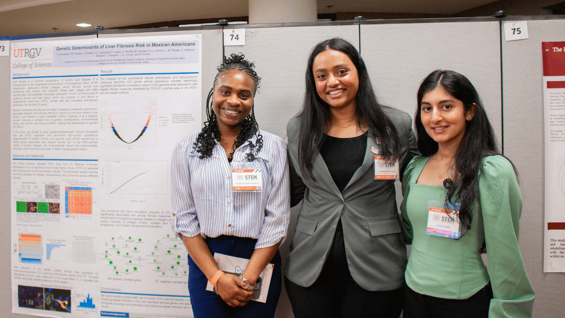 Three students posing for a photo in front of their research at the 2026 STEM Research Conference