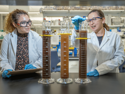 Dr Pereira and student conducting soil lab work