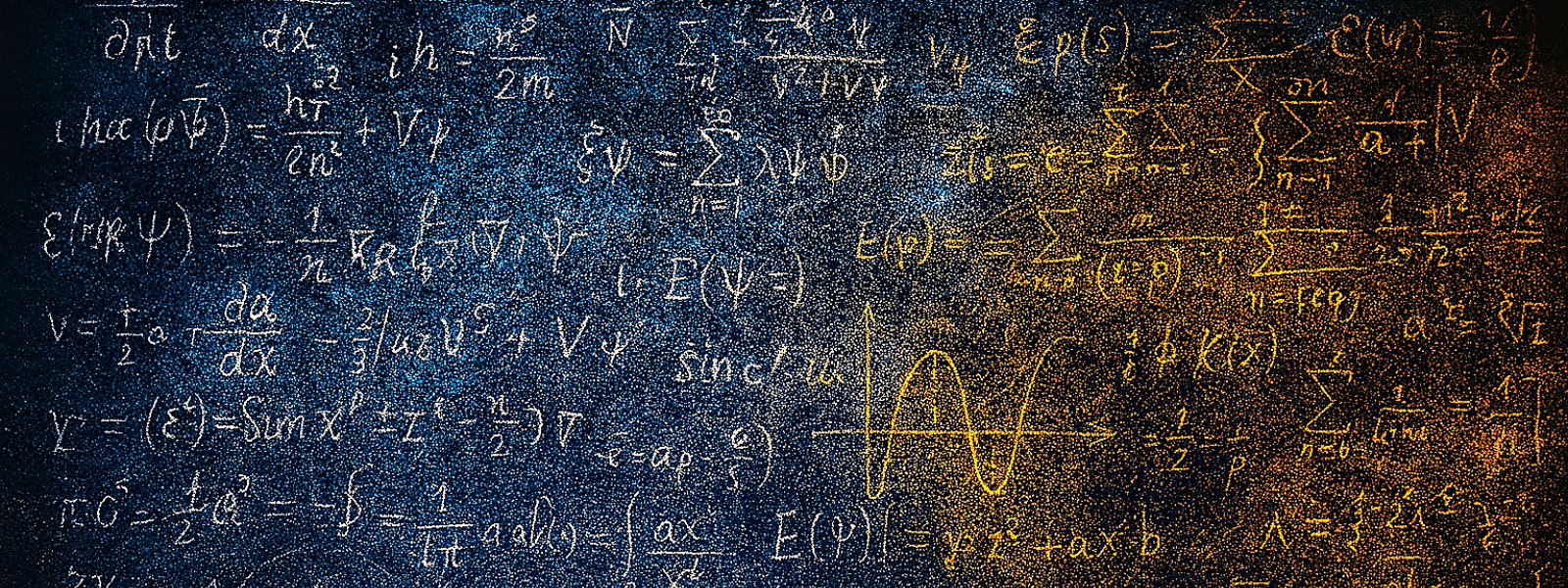 Math and statistical equations on a blue and yellow board