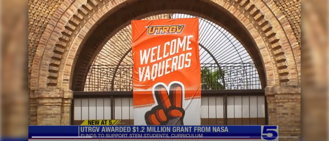 KRGV News video frame showing UTRGV's logo and 1.5 million dollar grant