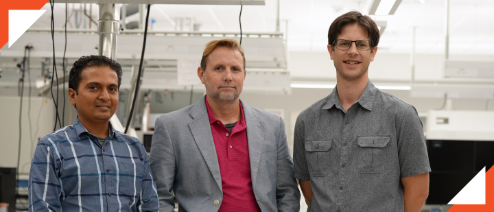 From left, Dr. Nirakar Sahoo, principal investigator; co-principal investigators Dr. Robert Dearth, director of the School of Integrative Biological and Chemical Sciences; and Dr. Bradley Christoffersen, assistant professor of Biology, gather at a UTRGV laboratory in the Edinburg Campus.