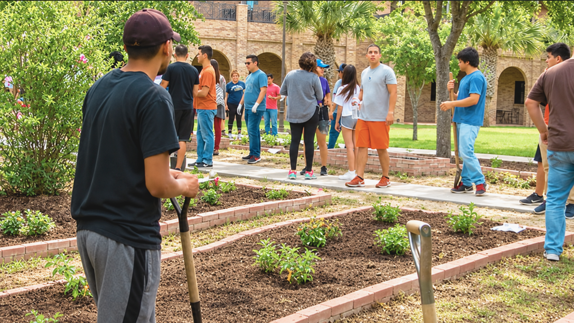 Students working on the pollinator garden in Brownsville