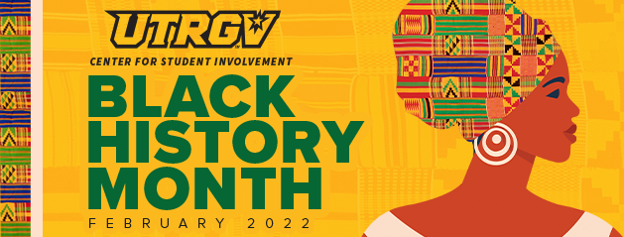 a woman wearing a kente headwrap around her head is in front of a yellow background beside the words Black History Month February 2021 