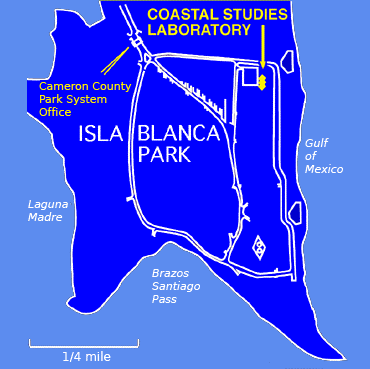 Illustration of the location of The University of Texas Rio Grande Valley Coastal Studies Laboratory 100 Marine Lab Drive South Padre Island, Texas 