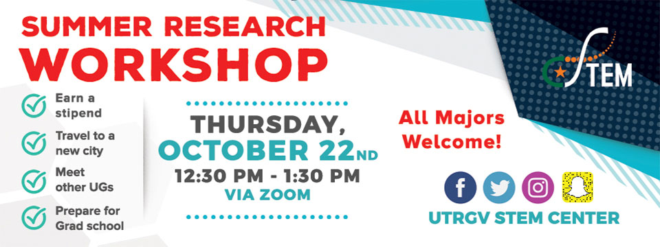 Summer Research Workshop 10/22 12;30pm to 1:30pm