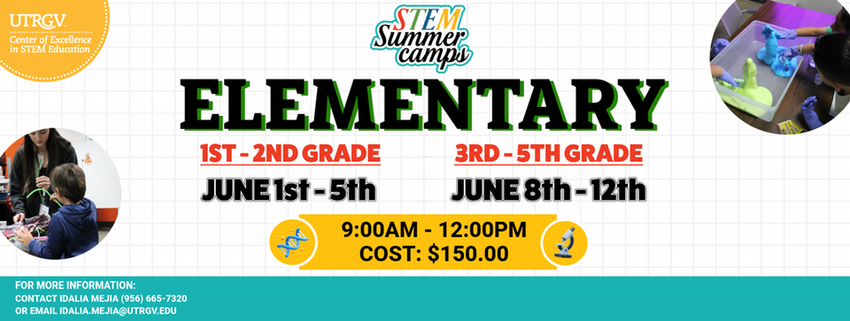 Stem summer Camp, Elementary 1st -2nd grade june1st-5th and 3rd -5th grade June 8th-12th 9am to 12pm   ,cost 150 dollars 