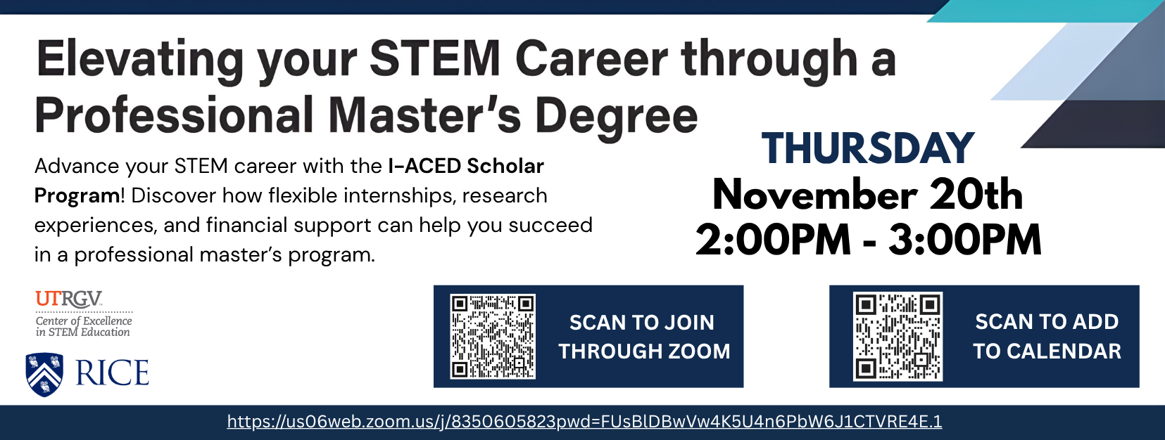 Join us for “Elevating Your STEM Career through a Professional Master’s Degree,” presented by Dr. Wettergreen from Rice University. He will introduce the NSF-funded I-ACED Scholar Award Program Thursday November 20