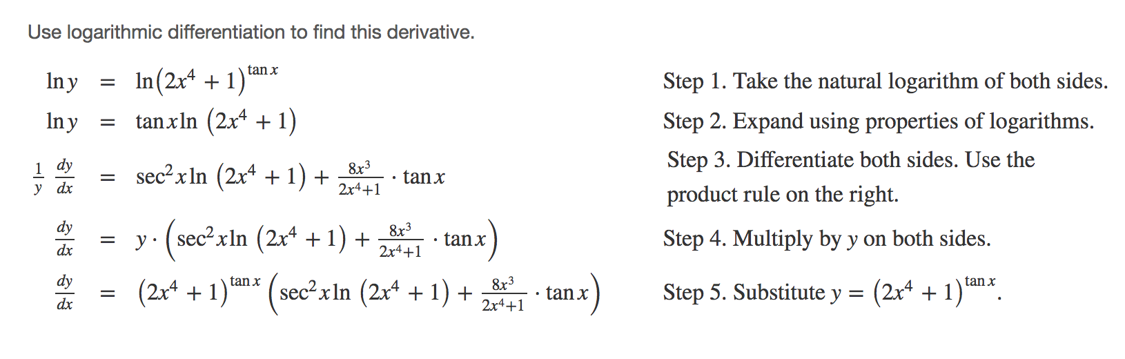 Using Logarithmic differentiation find the derivative of the  function. Step 1 Take the natural logarithm of both sides. Step 2 Expand using properties of  logarithms. Step 3 Differentiate both sites. Use the product rule on the right. Step 4 Multiply by Y on both sides. Step 5 Substitute y equals  2x^4 + 1, all raised to the exponent  tangent x.  