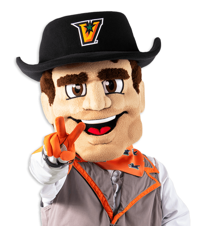 UTRGV Mascot holding the V's  Up! 