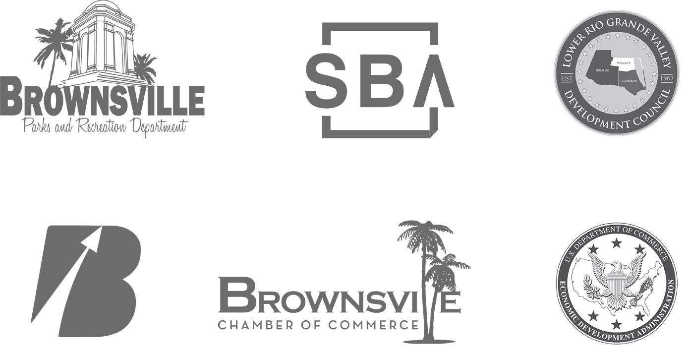 eBridge Center Partner Logos -  Brownsville Community Improvement Corporation, the City of Brownsville, Brownsville Chamber of Commerce, the Lower Rio Grande Valley Economic Development Council, the U.S. Economic Development Administration, the U.S. Small Business Administration, UT-Rio Grande Valley, and the UTRGV Entrepreneurship and Commercialization Center.