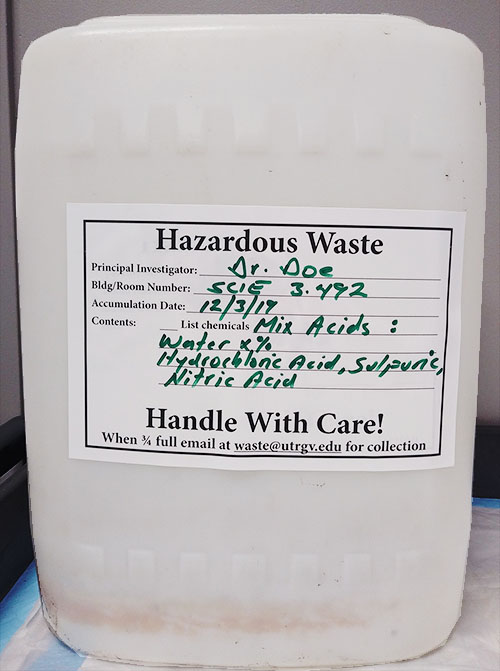 Hazardous Waste Container with label.