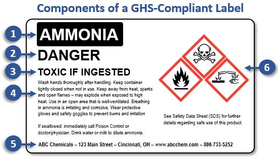 Components of a GHS-Compliant Label with Product identifier, Signal word, Hazard statement, Precautionary statements, Supplier information, and Pictograms