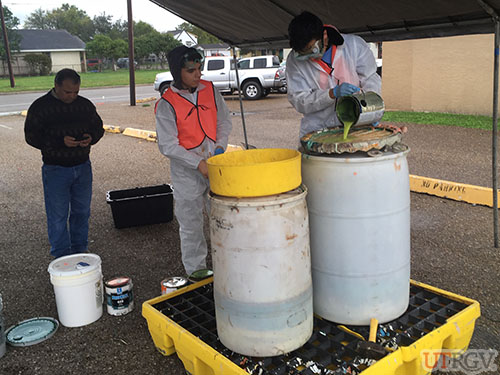 Local Boy Scouts consolidate paint waste at UTRGV’s annual BOPA event, December 1, 2018.