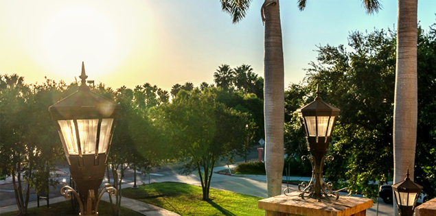 Campus view with sun in the sky