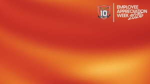 Download selfie poster / virtual background as a JPEG file. Soft, blurred orange and red gradient background resembling flowing fabric or light. In the upper-right corner, a vertical white line separates two elements: a UTRGV's ten year emblem, and the text ‘Employee Appreciation Week 2026’ in white.