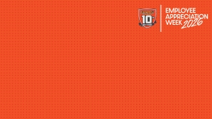 Download selfie poster / virtual background as a JPEG file. Bright orange background with a subtle dotted texture. In the upper-right corner, a vertical white line separates two elements: a UTRGV's ten year emblem, and the text ‘Employee Appreciation Week 2026’ in white.