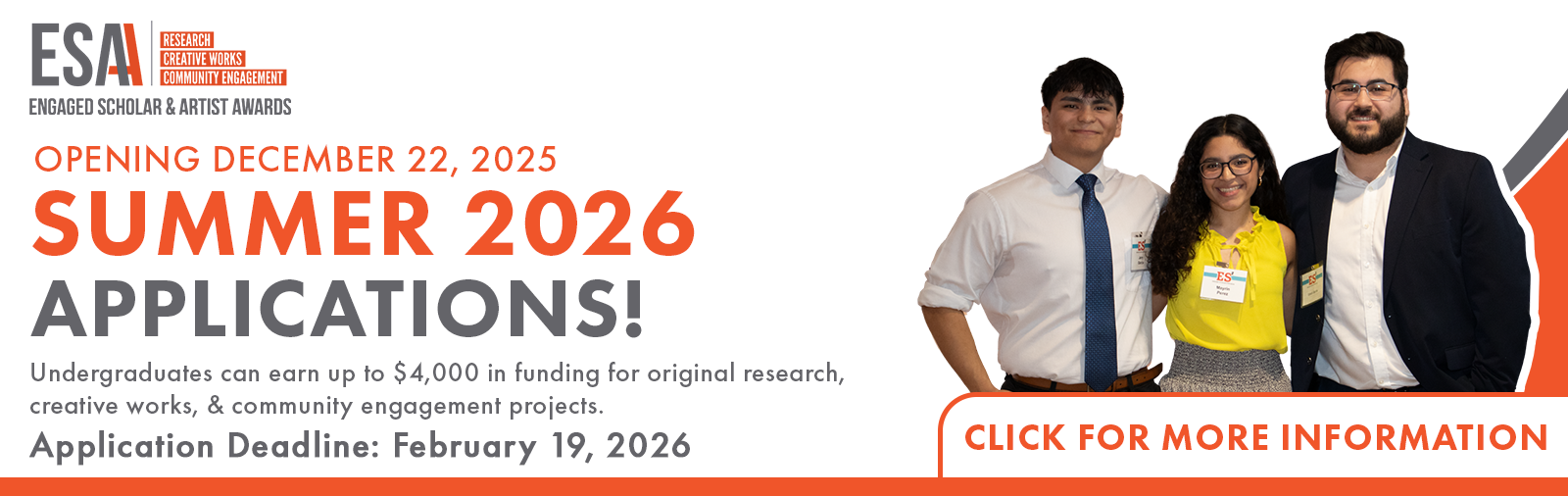 Undergraduates can earn up to $4,000 in funding for original research, creative works, and community engagement projects. Application Deadline is February 19, 2026.  