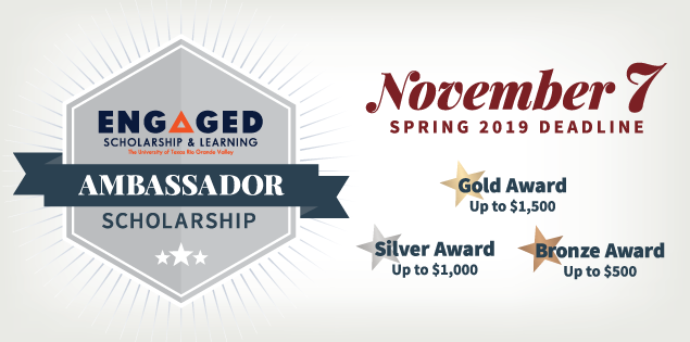 The Engaged Scholarship & Learning Ambassador scholarship deadline for Spring 2019 will be November 7th. The Gold Award grants students up to $1.500. The Silver Award grants students up to $1,000. The Bronze Award grants students up to $500.
