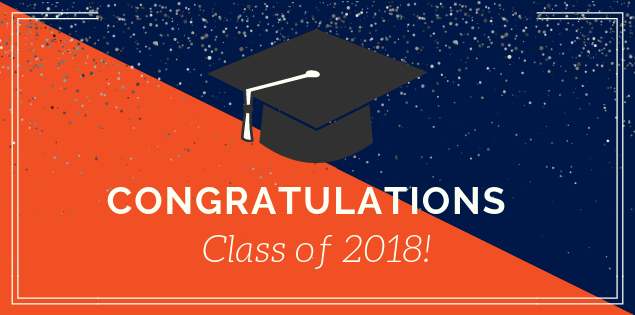 Clip art of a black graduation cap over an orange and blue back ground with sliver confetti falling from the top. Text: Congratulations Class of 2018!