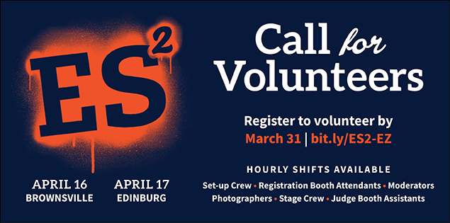 ES2 Call for volunteers. Register to volunteer by March 31 at bit.ly/ES2-EZ. Hourly shifts available for set-up crew, registration booth attendants, moderators, photographers, stage crew, and judge booth assistants.