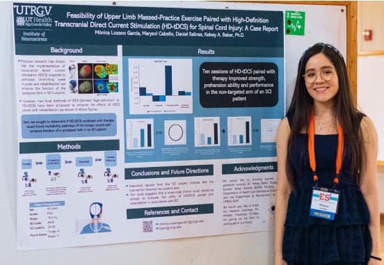 Engaged Scholar Symposium student presenter in front of research poster.