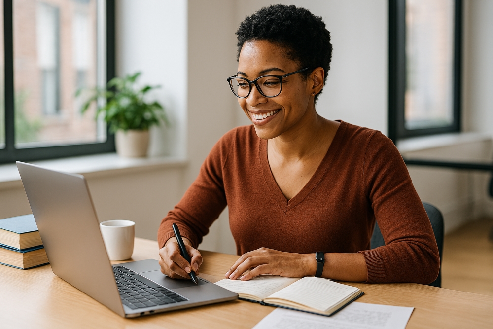 a woman smiling at her computer working at a desk with a notepad