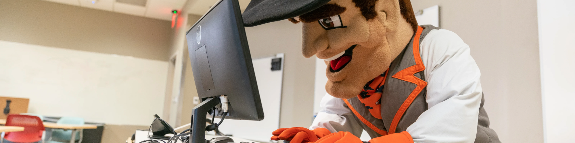 UTRGV Mascot typing at desktop computer.