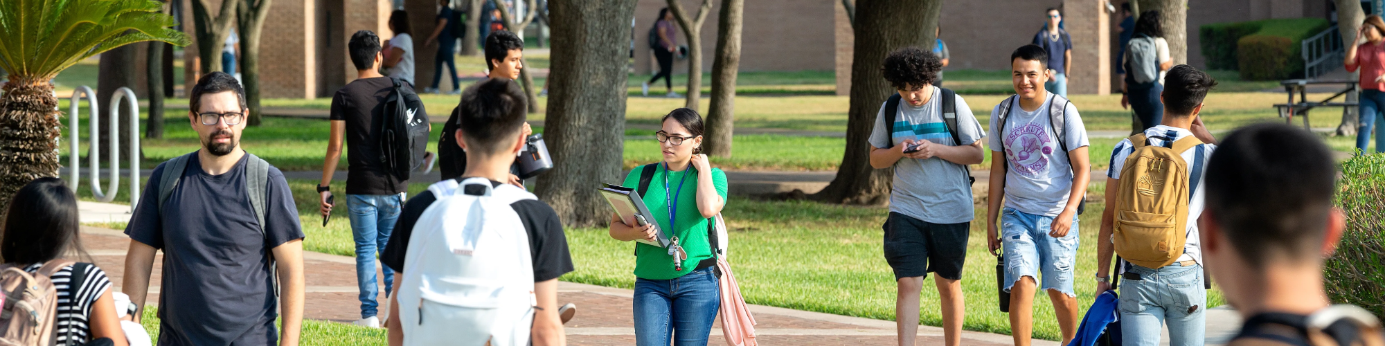 Large group of students walking outside on campus.