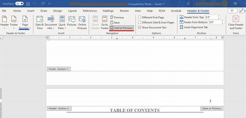 Example showing a page number centered in the document footer.