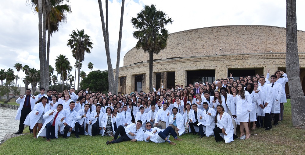 BMED White coat ceremony students in front of Performing arts building