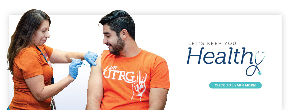 Let's keep you healthy! Learn more about our services! Image: UTRGV student in an orange t-shirt ready to receive a vaccine.