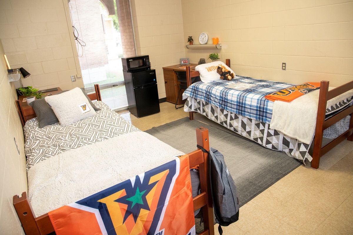 UTRGV Department of Housing and Residence Life dorm room interiors at Heritage Hall in Edinburg, Texas.