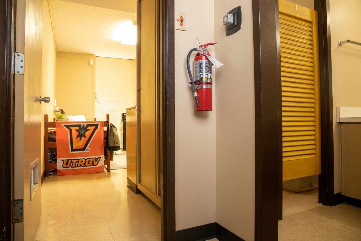 UTRGV Department of Housing and Residence Life dorm room interiors at Heritage Hall in Edinburg, Texas.