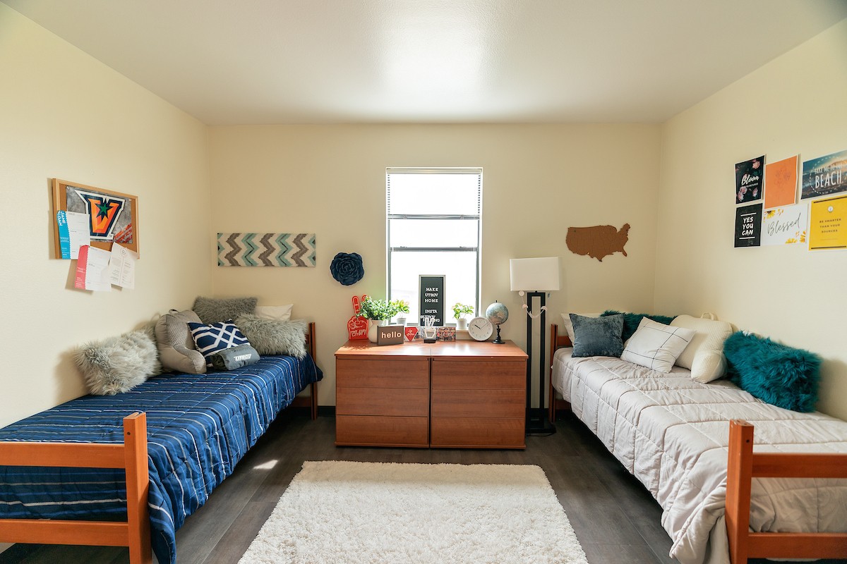 UTRGV Department of Housing and Residence Life dorm room interiors at Unity Hall in Edinburg, Texas.