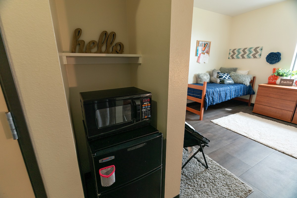 UTRGV Department of Housing and Residence Life dorm room interiors at Unity Hall in Edinburg, Texas.