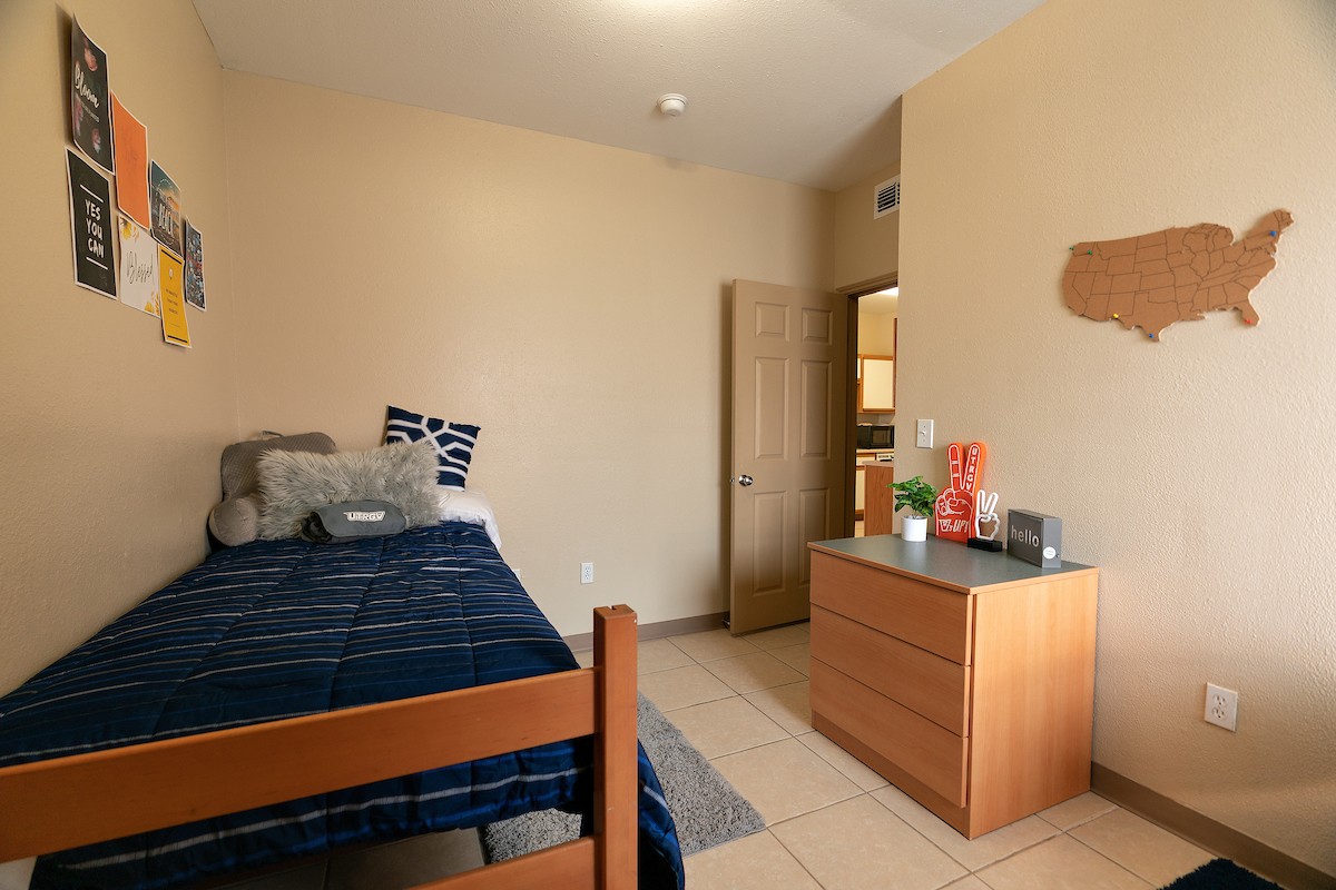 UTRGV Department of Housing and Residence Life dorm room interiors at The Village in Edinburg, Texas.