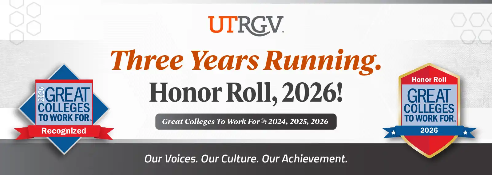 UTRGV named a 2026 Great Colleges to Work For Honor Roll institution for the third consecutive year.
