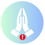 Praying hand with an red exclamation small circle over a blue background
