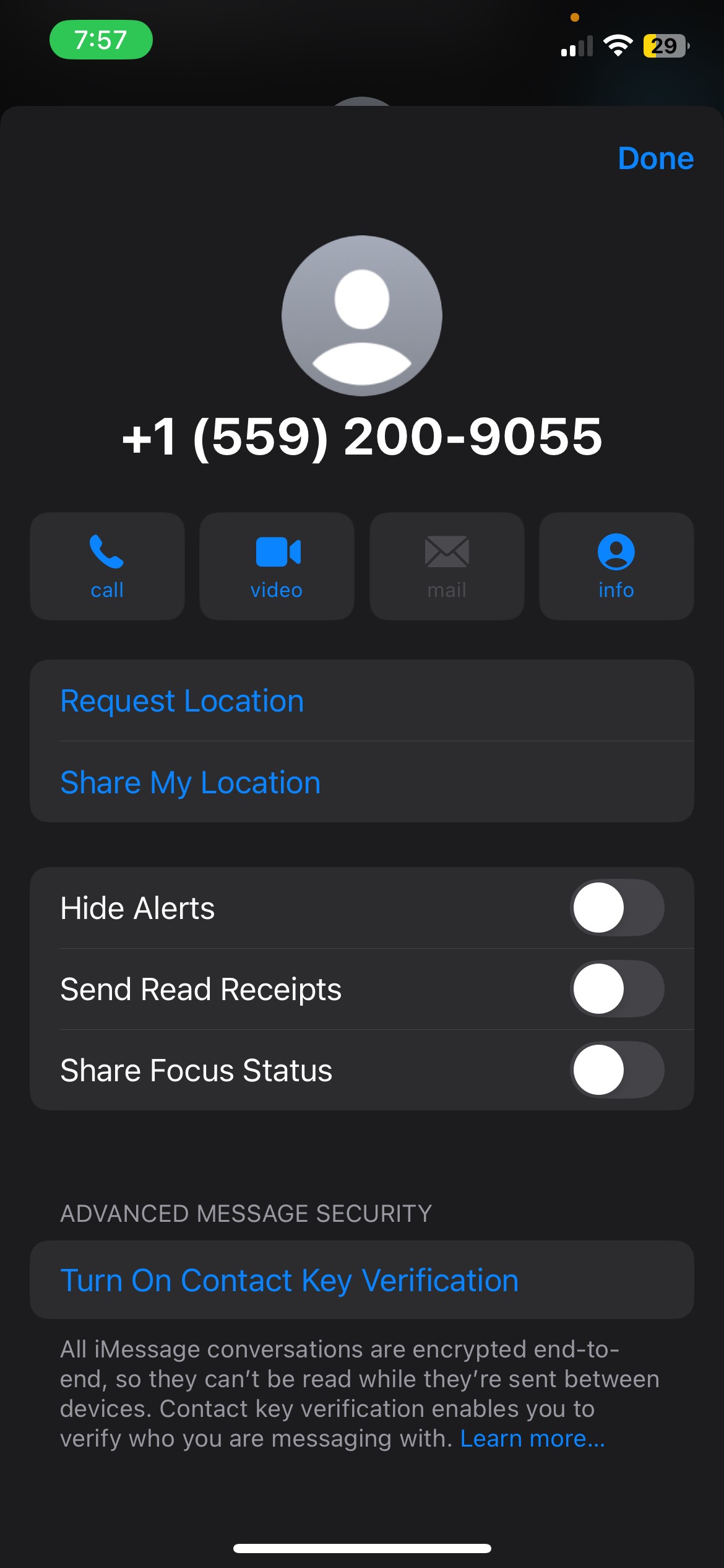 iPhone contact screen for number +1 (559) 200‑9055 with options like Call, Message, and security settings