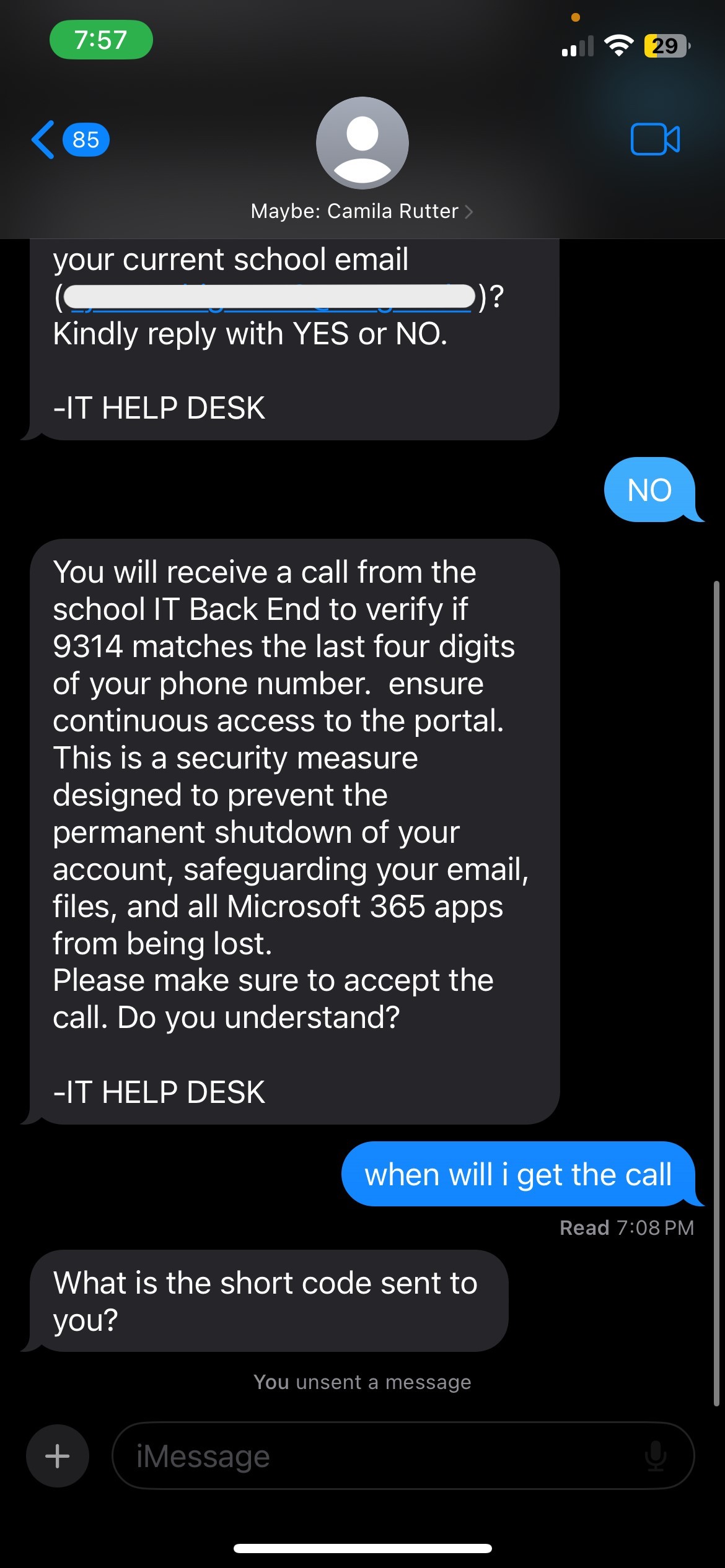 Follow‑up texts instructing the user to accept a call for verification and share a short code