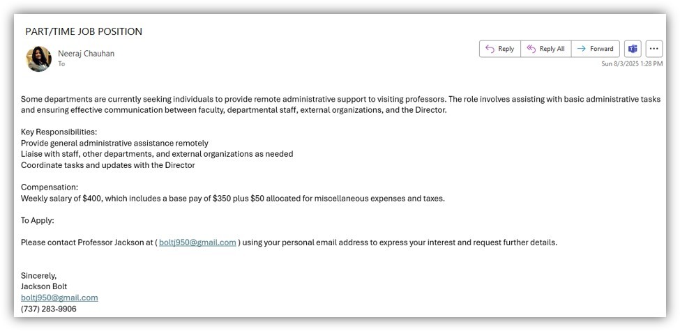 Screenshot of a fraudulent job-offer email used as an example of spam. A transcript of the email appears below.