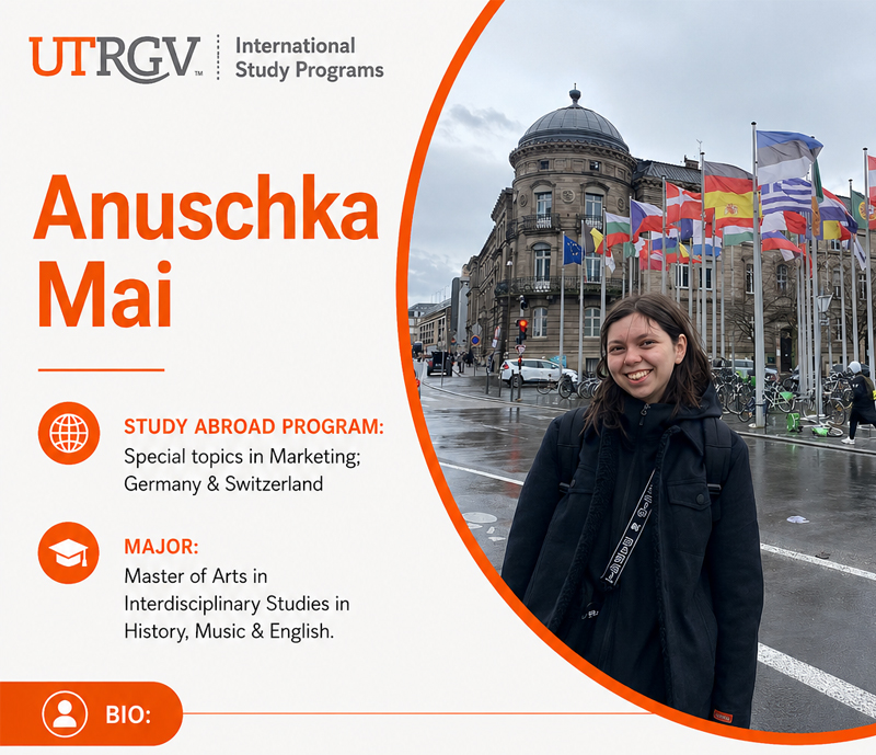 Outdoor portrait of ISP Ambassador Anuschka Mai with a building and international flags in the background.