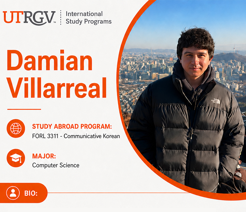 Outdoor portrait of ISP Ambassador Damian Villarreal wearing a black puffer jacket with hazy cityscape in the background.