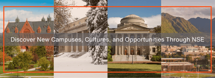 Banner image featuring four university campuses from different regions and seasons, displayed side by side. The images show a historic red-brick campus in autumn, a snow-covered campus in winter, a domed academic building, and a university set against tropical mountains. Overlaid text reads: "Discover New Campuses, Cultures, and Opportunities Through NSE."