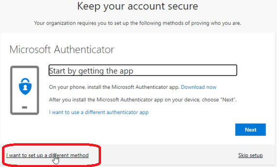 Microsoft Authenticator describes option on lower left corner labeled, I want to set up a different method