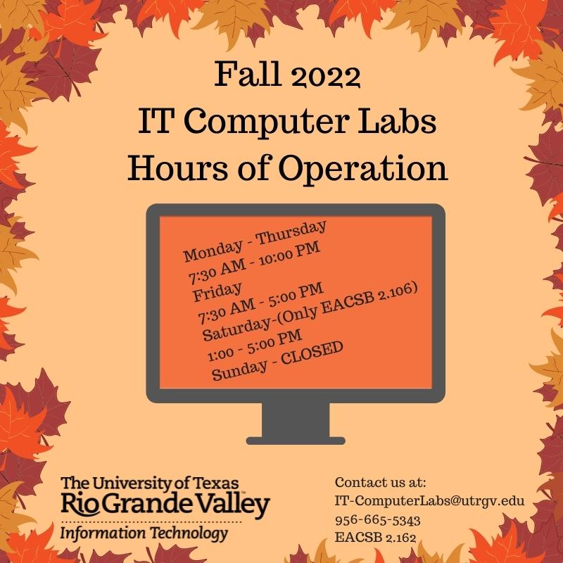 Fall 2022 - IT Computer Labs Hours of Operation post content graphic.